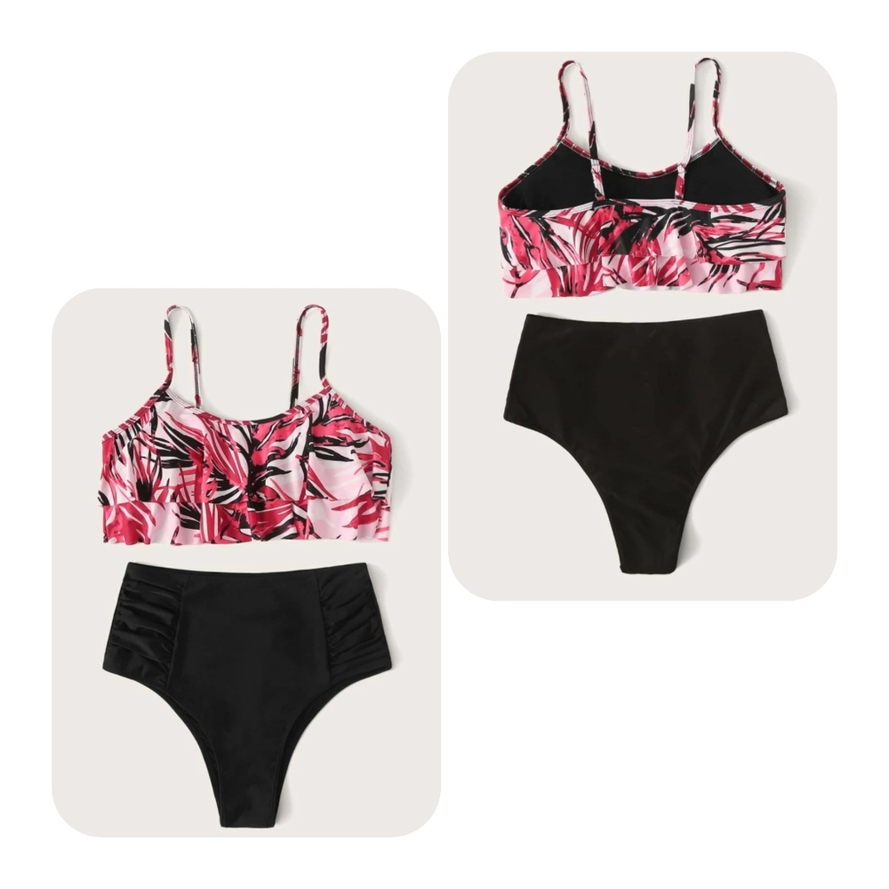 Tiered Layer Plant High Waisted Bikini Swimsuit